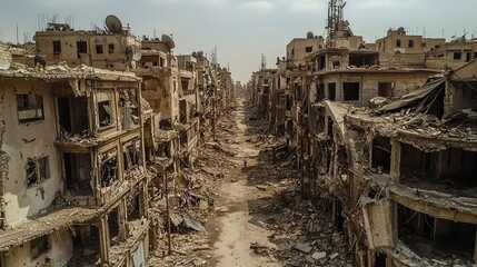 Heavily bombed out city street exhibits total destruction and ruin