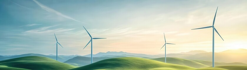 Breathtaking landscape of wind turbines on rolling hills at sunset, symbolizing renewable energy and sustainable development.