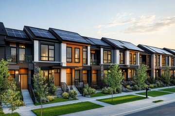 Obraz premium A row of townhouses with solar panels in a modern residential area