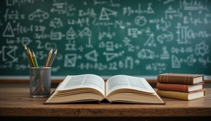 Studying Open Book with Pencils and Textbooks on Wooden Desk