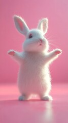 Obraz premium Cute white rabbit with raised paws on a pink background, creating a feeling of tenderness and joy. Ideal for children's illustrations, greeting cards, design of products for children.