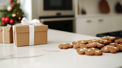 Gingerbread Cookies and Christmas Presents on Kitchen Counter Festive Holiday Scene