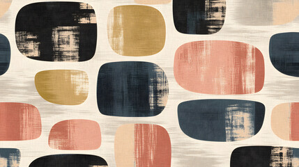 A mid-century modern-inspired pattern of bold, overlapping shapes in a muted, retro color palette
