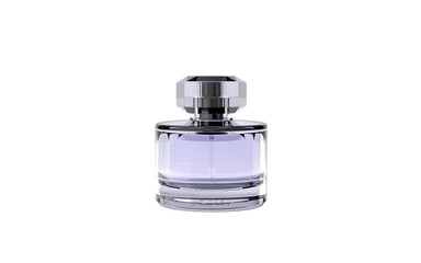 Elegant crystal bottle containing a lavender perfume placed against a white background