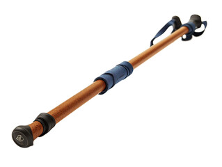 Professional hiking poles with ergonomic cork handles, extended to full length showing adjustable sections and carbide tips, anodized blue aluminum construction, white background