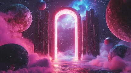 Obraz premium Vibrant Gateway Surrounded by Floating Stars and Cosmic Elements in a Colorful Atmosphere