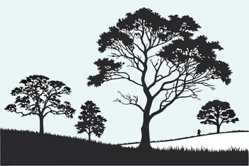 Obraz premium 93 Silhouette of trees, clear blue sky, minimalist landscape, black and white contrast, digital art, vector graphic style, tree line, grassy field, serene atmosphere, symmetrical composition, nature i
