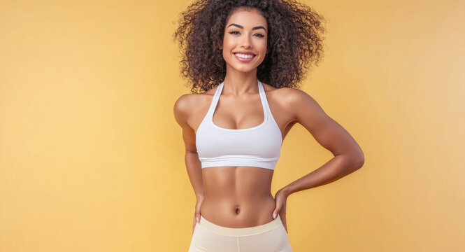 A woman stands proudly with a smile, showcasing her athletic figure in modern sportswear. The pastel yellow background enhances her energetic style and promotes a sense of positivity and vitality. - Powered by Adobe