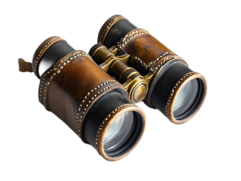Vintage style binoculars with leather body covering and adjustable eyepieces, brass details slightly worn showing years of use, white background
