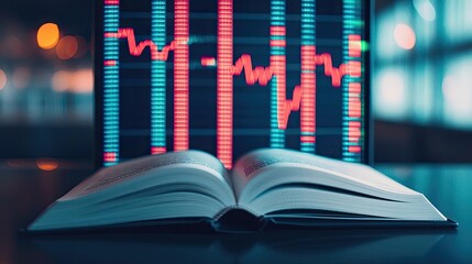 Open book revealing vertical digital lights chart in stock market concept. An open book in front of digital financial data display.