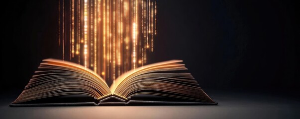 Open book revealing vertical digital lights chart in stock market concept. An open book with glowing particles emanating from its pages.