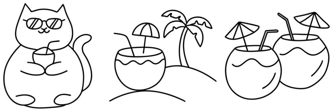 playful cat enjoys refreshing coconut drink under palm tree, capturing fun tropical vibe