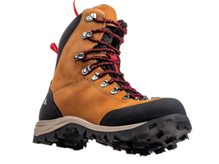 Professional grade trekking boots with aggressive tread pattern, reinforced toe cap, speed lacing hooks, and supportive ankle design, white background