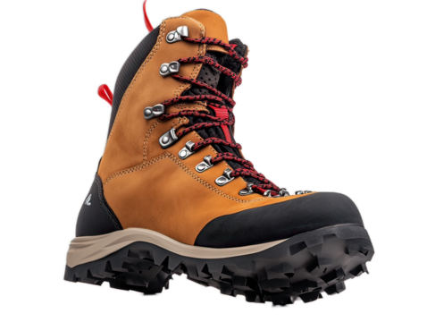 Professional grade trekking boots with aggressive tread pattern, reinforced toe cap, speed lacing hooks, and supportive ankle design, white background