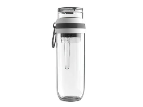 Adventure-ready water purification bottle with filter system visible through transparent sides, flip cap open, carabiner attachment point, white background