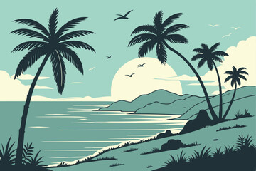 95 Tropical beach sunset, silhouette palm trees, calm ocean, large setting sun, distant island, blue sky, wispy clouds, coastal landscape, vector art style, minimalist design, tranquil atmosphere, tur