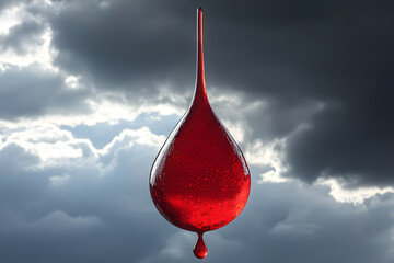 Red liquid drop sculpture
Artistic glass-like droplet of red liquid standing upright against a dramatic cloudy sky, creating a striking surreal visual contrast.