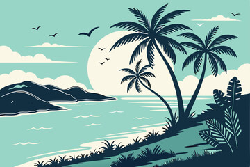 95 Tropical beach sunset, silhouette palm trees, calm ocean, large setting sun, distant island, blue sky, wispy clouds, coastal landscape, vector art style, minimalist design, tranquil atmosphere, tur