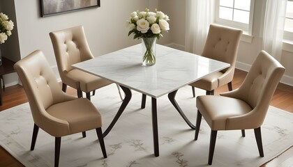 A high-angle, medium shot showcases a square dining table set with four chairs in a well-lit interior