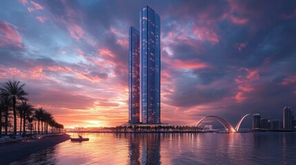 Modern skyscraper on sunset background with palm trees and cityscape, conveying luxury and urban style. Suitable for articles about real estate, architecture, city life.