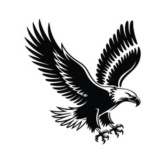 Flying Eagle Silhouette Vector – Bold Black and White Raptor Bird of Prey with Spread Wings and Claws for Patriotic, Wildlife, Hunting, and Freedom-Themed Designs