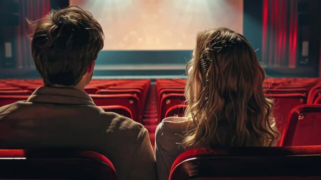 A couple sits in an old-fashioned movie theater, watching the screen.
Concept of: Classic cinema experience.
