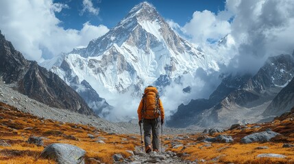 A solitary explorer silhouetted at the base of the majestic Ama Dablam in the Himalayas, gazing upward towards snow-capped peaks and billowing clouds overhead, evoking a profound sense.