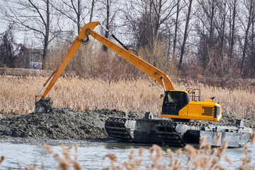 Amphibious Excavator Working Riverbank 