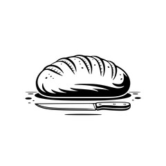 Artisan Bread Loaf with Knife, Vector Illustration, Black and White