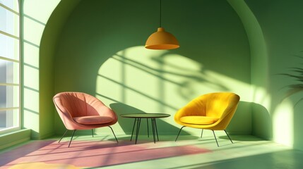 Two armchairs and a small table inside a green interior design