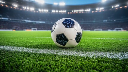 Obraz premium Soccer ball on a vibrant green field inside a stadium (2)