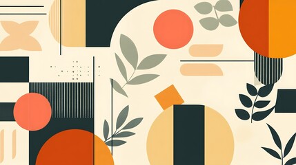 Abstract geometric shapes and leaves pattern.