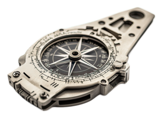 Adventure navigation multitool with sighting mirror, detailed compass rose, conversion scales, and distance measurement features, white background