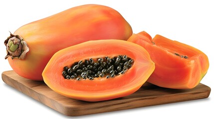 Ripe Juicy Papaya Fruit Slices on Wooden Board