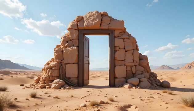 A weathered stone doorway stands open, inviting passage to a sun-drenched desert landscape under a vast, clear sky, offering a sense of hope and new beginnings.