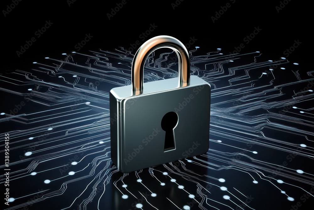 Poster digital padlock icon securing connections over data streams in a modern technological environment, p
