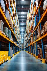 Fototapeta premium A meticulously organized warehouse showcasing efficient storage and management of imported goods - organized shelves clean international pallets