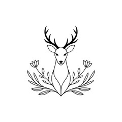 Minimalist Deer Logo with Botanical Elements - Black and White