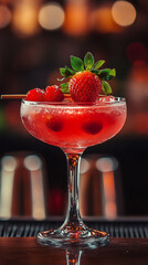 Alcoholic strawberry daiquiri cocktail on the bar counter. 