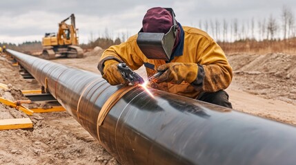 A construction worker welding steel pipes at a pipeline project site. Featuring focus and technical skill