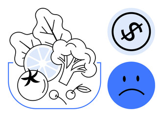 Fresh produce including broccoli, tomato, and lemon in a bowl a crossed-out dollar sign and a sad face reflect challenges of food affordability. Ideal for nutrition, budgeting, health awareness