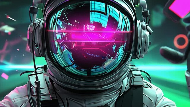 Astronaut's Futuristic Gaze: A captivating close-up of an astronaut, helmet reflecting a vibrant, futuristic world, evoking themes of space exploration, technology, and digital innovation.