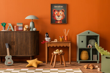 Creative play area with kids' desk, rattan cabinet, and colorful flag bunting..Stylish playroom with wooden details, plush toys, and cheerful tiger poster....
