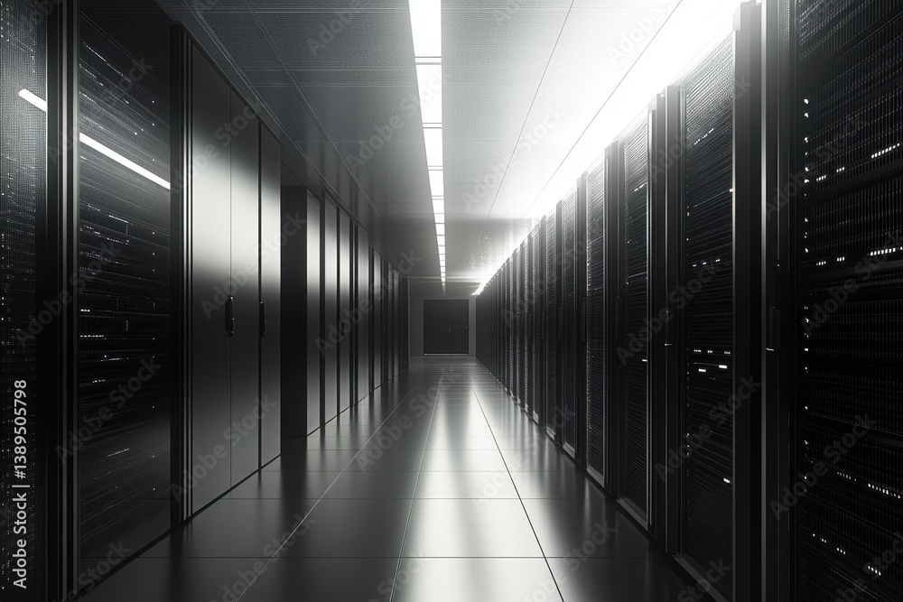 Poster corridors filled with server racks illuminate data centers for efficient computing operations, corri