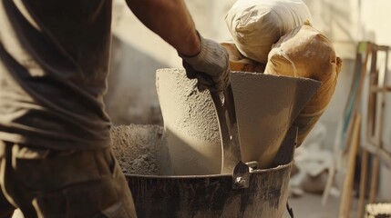 A construction worker working with a cement mixer at a building site. Featuring skill and precision