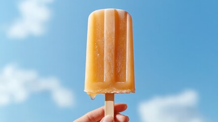 Bright orange popsicle held against clear blue sky, evoking summ