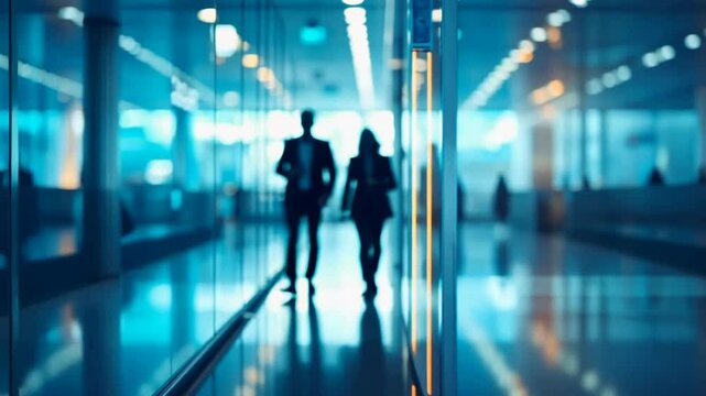 A pair of blurred figures in business attire walk in modern hallway, seen through glass partitions. The scene is bathed in blue light, evoking sense of contemporary business , professional movement.