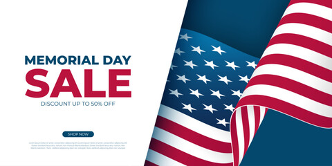 Obraz premium Memorial Day Sale. Waving American flag. United States Memorial Day commercial banner for holiday sales promotion. Vector illustration.