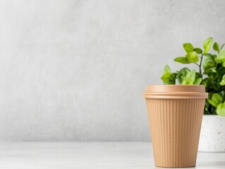 Fototapeta premium Stylish paper cup placed on a clean surface with a green plant in the background, perfect for coffee lovers and eco-friendly themes.