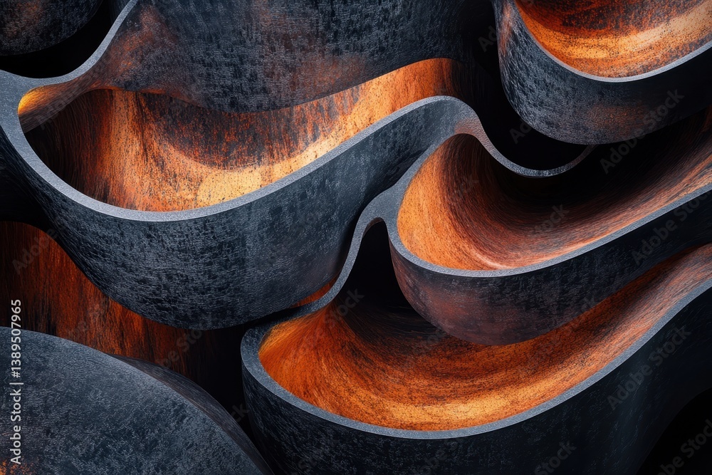 Aufkleber abstract shapes layered and waving on a black background with vibrant inner colors creating a modern